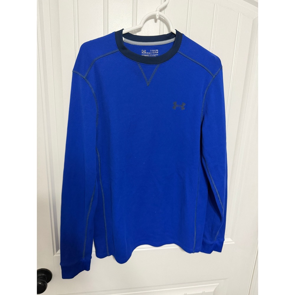 Under Armour Shirt Mens L Blue Waffle Knit Thermal Long Sleeve Crew Neck EUC